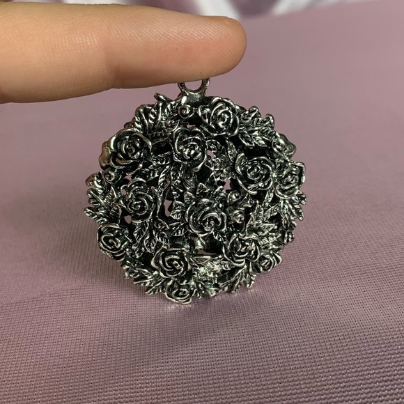 Vintage Floral Silver Tone Bulky Rose Pendant - Picture 3 of 5